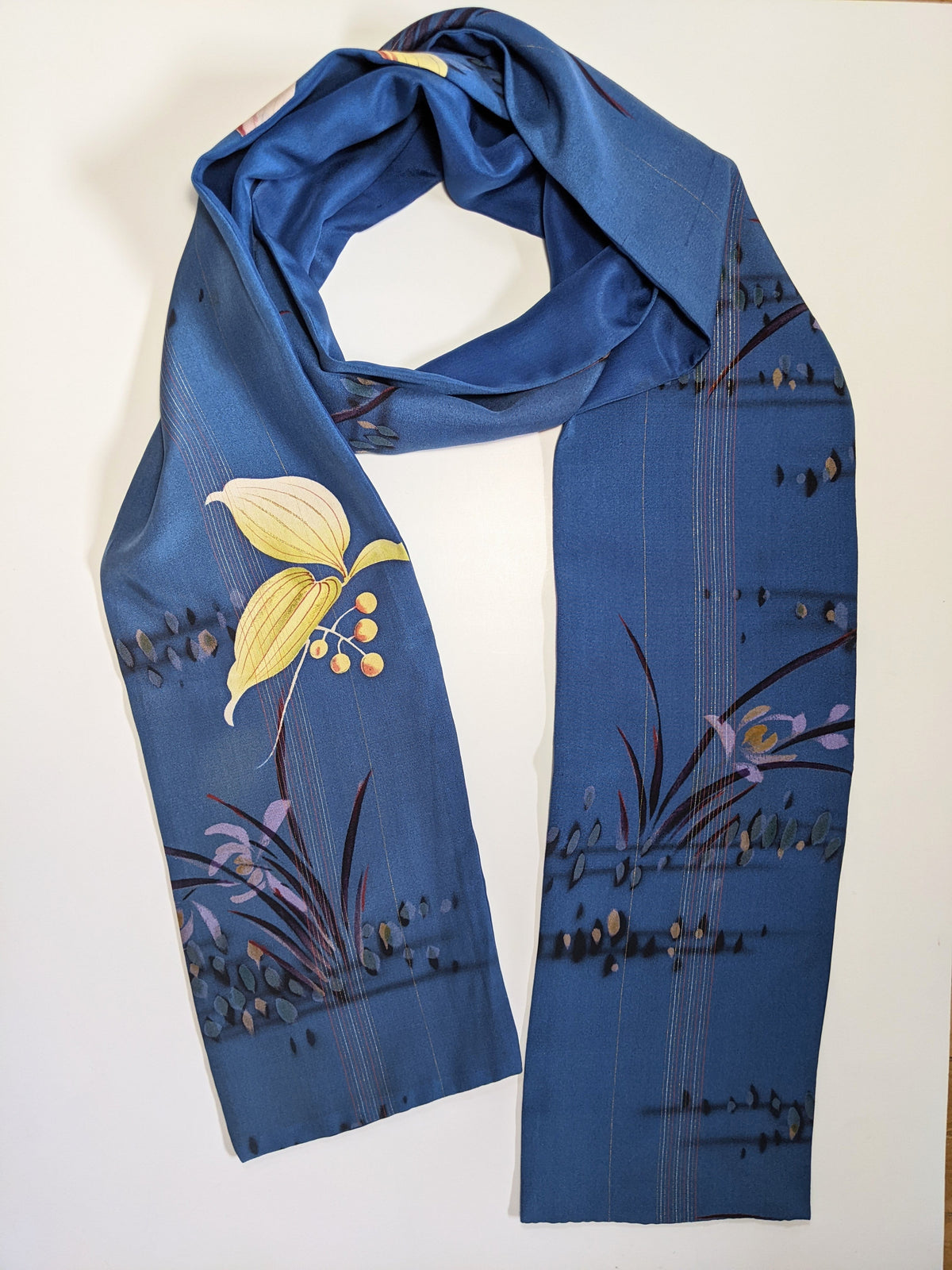 Silk Kimono Scarf - Blue with Colourful Flowers